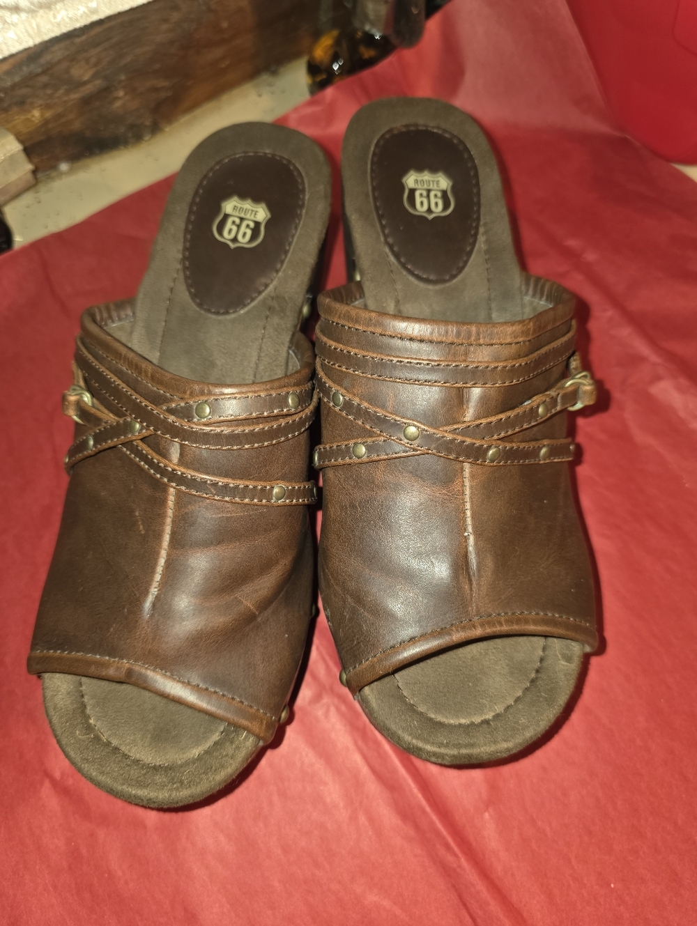 Route 66 Sz 7.5 Brown Leather Slip-On Mules with Studded Straps